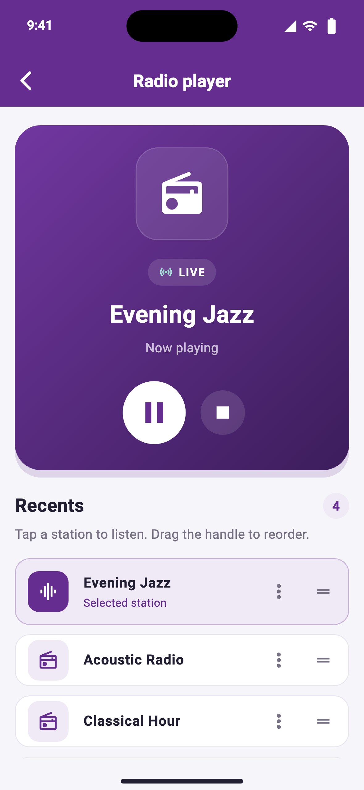 SageIPTV radio player with playback controls and recent stations